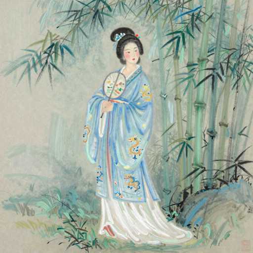 This image is a detailed painting of a young Asian woman, likely of Chinese or Japanese descent, standing in a serene bamboo forest. She is adorned in a traditional kimono that transitions from light blue at the top to white at the bottom, embellished with intricate dragon designs. Her black hair is elegantly styled in a bun, decorated with a blue and white hair tie. She holds a delicate fan in her right hand, which features a pattern of red, green, and blue. The woman's face is painted with pink blush and red lipstick, and she wears a subtle smile. The background is a soft, light gray, with bamboo stalks and leaves painted in various shades of green, blue, and black, creating a tranquil and harmonious setting. The overall composition is simple yet elegant, with the woman as the central focus, surrounded by the natural beauty of the bamboo forest.