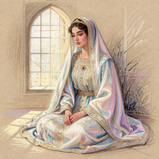 The image depicts a detailed drawing of a woman seated on the floor, facing slightly to the left. She is adorned in a long, flowing dress that is predominantly white with intricate gold and blue patterns. The dress features a high neckline and a belt around her waist, with the lower part of the dress extending to the floor. Draped over her head and shoulders is a white veil, embellished with gold and blue accents, which cascades down to the floor. The woman's dark hair is partially visible, and she wears a tiara or crown on her head. Her hands are clasped together in her lap, and she gazes downward with a serene expression. Around her neck, she wears a necklace with a prominent red jewel. The background includes a window with light streaming through, illuminating the scene, and a plant is visible to her right. The overall composition suggests a moment of quiet contemplation, possibly in a religious or meditative context.