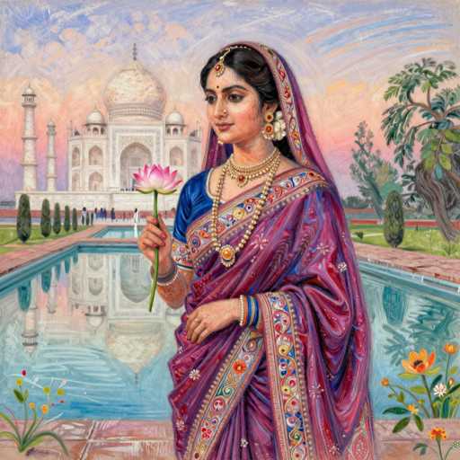 This detailed painting depicts a young Indian woman standing in front of the iconic Taj Mahal. She is adorned in a vibrant purple sari with intricate gold and blue patterns, complemented by a blue top. Her long black hair is partially covered by a matching purple headscarf. She wears an elaborate array of jewelry, including a red jeweled ornament on her forehead, a nose ring, a large earring, and multiple necklaces with gold and red jewels. Her hands are decorated with bangles and rings, and she holds a pink lotus flower delicately in her right hand. The background features the majestic Taj Mahal with its white domes and minarets, set against a sky that transitions from blue to pink. In front of the Taj Mahal, a group of people can be seen, and to the right, there is a large tree. The foreground includes a serene blue reflecting pool, surrounded by lush green grass and small plants with yellow and red flowers. The overall scene captures the elegance and beauty of traditional Indian attire and architecture.