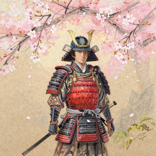 The image depicts a detailed painting of a samurai warrior standing in the center, adorned in traditional armor. The samurai is dressed in a striking red and black outfit, with a white belt cinched around his waist. His helmet is black with a distinctive gold emblem on top, and it features a unique design with two horn-like protrusions. The samurai's face is visible, showing a serious expression, and he has black hair. He holds a sword in his right hand, with the blade pointing downward, and another sword is sheathed on his left side. The background is a light brown color, and the top of the image is adorned with branches of a cherry blossom tree, displaying pink and white flowers. The overall composition is square-shaped, with the samurai's figure dominating the center of the painting.