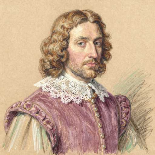 This image is a detailed, colored pencil drawing of a young man, likely in his 20s, with a serious expression. He has long, wavy, reddish-brown hair that falls to his shoulders and a short, stubbly beard and mustache. His blue eyes are looking directly at the viewer. He is dressed in a Victorian-style outfit, featuring a large, white lace collar that extends up to his neck. Over this, he wears a purple vest with a gold trim and buttons, and beneath the vest, his sleeves are a mix of white and green. The background of the drawing is a light brown or beige color, and there are some black and green sketch marks on the right side, adding depth to the image.