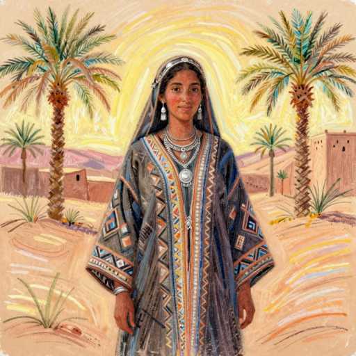 The image is a detailed painting of a young woman standing in a desert landscape. She is dressed in traditional Middle Eastern attire, featuring a long, dark gray robe adorned with intricate geometric patterns in shades of blue, orange, and yellow. Her outfit includes a headscarf and a silver tiara-like headband, complemented by long, dangly earrings and multiple necklaces, one of which has a prominent circular pendant. The woman has dark hair and a warm smile, with her hands resting at her sides. Surrounding her are tall palm trees, and in the background, there are several buildings that resemble a small village or town. The sky is painted in a gradient of yellow and orange hues, suggesting either a sunrise or sunset, with a bright sun positioned directly behind her head. The overall scene is set against a backdrop of sandy terrain, enhancing the desert atmosphere.