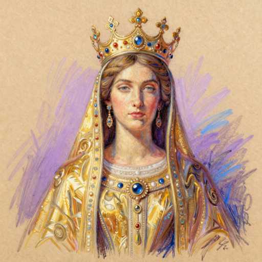 This image features a detailed painting of a woman who appears to be a queen or princess. She is adorned in a luxurious gold dress embellished with intricate blue and red jewels, and a prominent blue jewel sits at the center of her chest. Her attire includes a matching gold veil that drapes elegantly over her head and shoulders. The woman has brown hair styled in a bun, with some strands cascading down the sides of her face. She wears a crown that is also adorned with blue and red jewels, and her blue eyes are accentuated by her red lips. The background of the painting is a blend of light brown and purple hues, with blue and purple brushstrokes adding depth and texture. The artist's signature is visible in the bottom right corner of the painting.
