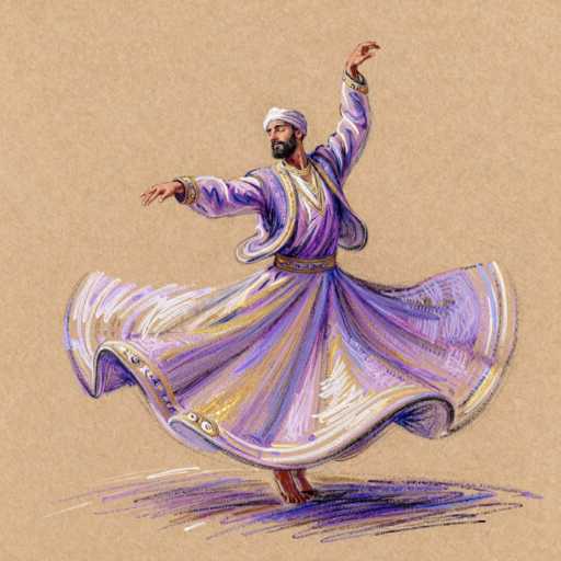 The image depicts a man engaged in a traditional dance, likely of Middle Eastern or South Asian origin. He is barefoot, standing on his left foot, with his right foot elevated. His arms are gracefully extended to the sides, and he is adorned in a flowing, long dress that billows out around him, creating a dynamic visual effect. The dress is predominantly purple with intricate gold and white accents, and it features a gold belt around the waist. The man is also wearing a white turban and has a black beard. His eyes are closed, and he appears to be looking down, adding to the serene and focused expression of the scene. The background is a light brown, almost cardboard-like texture, which contrasts with the vibrant colors of his attire. The overall composition suggests a moment of cultural celebration or artistic expression.