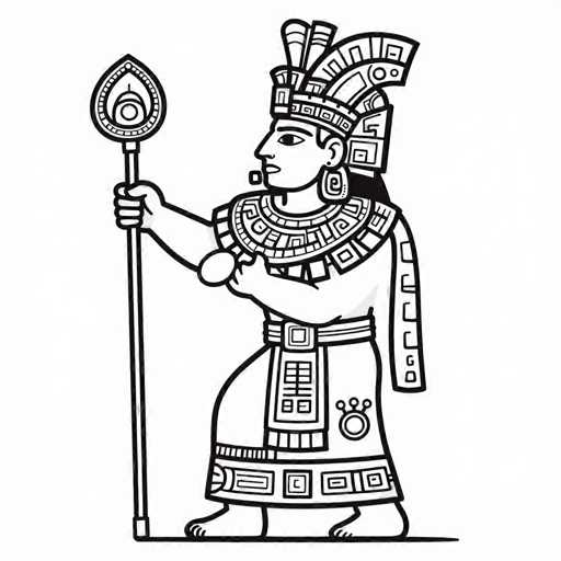 This black and white drawing depicts an ancient Egyptian figure, likely a pharaoh or a high-ranking individual, standing in a side profile facing left. The figure is adorned with an elaborate headdress featuring a prominent feather and a large, ornate collar with intricate geometric patterns. He wears a long, flowing robe that extends to his ankles, decorated with various designs including a circular motif with three protrusions. The figure's right hand grasps a staff topped with a teardrop-shaped ornament, while his left hand holds a circular object. His feet are bare, and he sports large, square earrings. The entire image is rendered in a simple, flat style with no shading, set against a plain white background.