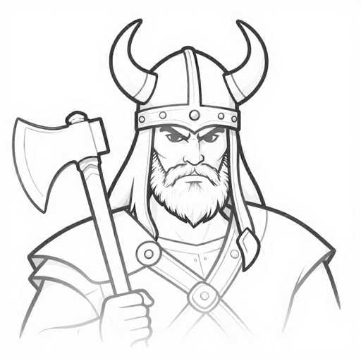 This black and white illustration depicts a fierce Viking warrior, characterized by his intense expression and traditional attire. He sports a long, pointed beard and a mustache, with furrowed brows that emphasize his angry demeanor. His Viking helmet, adorned with two prominent horns, features a central ridge and is secured with a strap under his chin. The warrior is dressed in a tunic with a cape-like garment that drapes over his shoulders, fastened by two buttons. In his right hand, he firmly grasps a large axe, its blade angled downward. The image is rendered in a detailed, cartoonish style, with the Viking's figure fading into a white background at the bottom, giving it a ghostly effect.