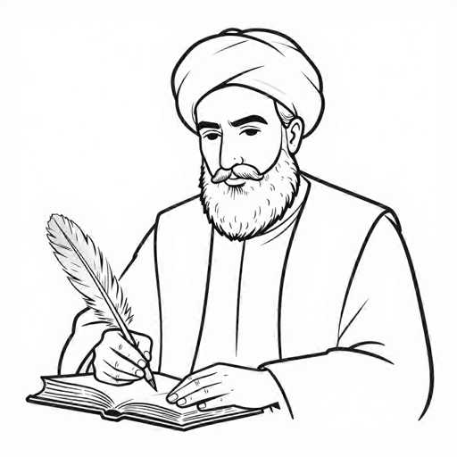 The image depicts a detailed black and white line drawing of an elderly man, possibly a scribe or scholar from the Middle East or India. He is seated at a table, writing in an open book with a large, quill-like feather pen in his right hand. The man has a full, bushy beard and a mustache that curls upward at the ends, giving him a distinguished appearance. He is wearing a turban that wraps around his head, with some hair visible beneath it. His attire consists of a long-sleeved robe or tunic with a vest-like garment over it. The man's left hand rests on the book, which lies open on the table in front of him. The background is plain white, emphasizing the intricate details of the man and his writing materials.