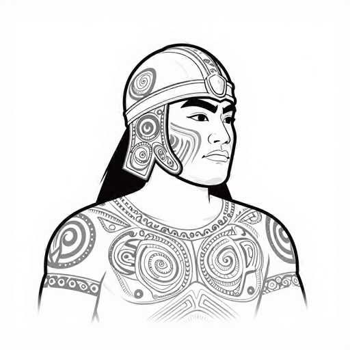 The image depicts a detailed black and white drawing of a warrior, possibly inspired by Native American or Aztec culture. The warrior is shirtless, showcasing intricate tattoos that cover his chest, shoulders, and biceps. These tattoos feature a variety of geometric patterns, including spirals, circles, and lines, with some resembling eyes and other shapes. The warrior's long black hair flows down his back, and he wears a distinctive helmet that extends down to his ears. The helmet is adorned with a prominent circular emblem on the front and has a strap that wraps around his head. His facial features include thick, bushy eyebrows and a stern expression, with additional tattoos visible on his cheeks. The overall composition is rendered in black ink against a white background, emphasizing the intricate details and cultural elements of the warrior's appearance.