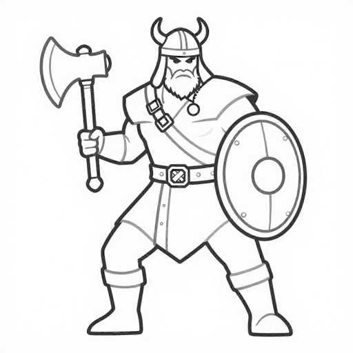 A black and white line drawing of a Viking warrior, ready for coloring. The warrior is depicted in a dynamic pose, holding an axe in his right hand and a shield in his left. He is wearing traditional Viking attire, including a horned helmet, a tunic, and boots. The drawing has a cartoonish style with bold outlines.