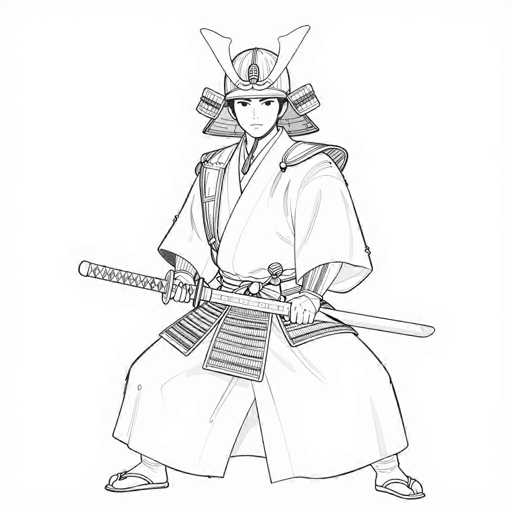 This black and white illustration depicts a samurai warrior standing in a dynamic, action-ready pose. The samurai is dressed in a traditional white kimono with a sash around the waist, and he wears a distinctive helmet adorned with two prominent horns and rectangular flaps on either side. His feet are clad in traditional Japanese sandals. The warrior's left hand grips the handle of a long sword, which is positioned diagonally across his body, while his right hand holds the sheath. The sword's handle features a diamond pattern, and the blade is detailed with horizontal lines. The samurai's face is serious, with a straight expression and dark eyes, and his mouth is closed. The background is plain white, emphasizing the intricate details of the samurai's attire and weapon.