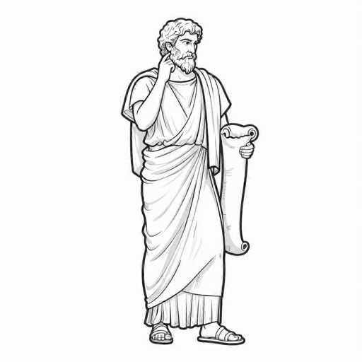 The image is a detailed black and white drawing of a man dressed in attire reminiscent of ancient Roman or Greek times. He stands against a plain white background, wearing a long, flowing robe that drapes over his right shoulder and extends down to his feet. His footwear consists of sandals with straps over the toes and between the big toe and second toe. The man has a full beard and mustache, and his hair is styled in a manner that suggests it is either short or pulled back. In his left hand, he holds a large scroll that is unrolled at the top, while his right hand is raised to his head, as if he is scratching or adjusting his hair. The overall composition and attire suggest a figure of importance from antiquity, possibly a scholar or a leader.