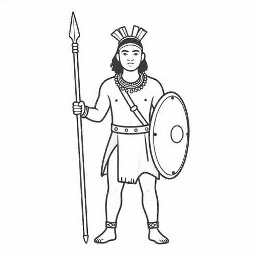 This black and white illustration depicts a Native American warrior standing barefoot against a white background. The warrior, who has long black hair, is adorned with a headband featuring three feathers protruding from the left side. He wears a necklace and a skirt-like garment that extends to his knees, secured by a belt with four circular buckles. His feet are wrapped in leather straps. In his right hand, he holds a long spear with a pointed tip, while his left hand grips a large, round shield with a central circle and three smaller circles along its edge. The warrior's expression is serious, and he gazes directly at the viewer.