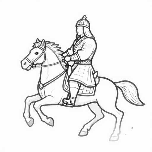 This black and white line drawing depicts a dynamic scene of a man riding a horse. The horse, positioned on the left side of the image, is captured in mid-gallop with its front legs raised and its back legs touching the ground. The horse's mane is detailed with spiky points, and it wears a bridle with reins that the rider holds. The rider, who appears to be a soldier, is dressed in a long coat that extends to his knees and features a belt with circular designs. He also wears a helmet with a pointed top, and his long hair flows down his back. The soldier's face is partially obscured, showing only his nose and mouth. He is equipped with a saddle that has a checkered pattern and wears sandals on his feet. The entire drawing is rendered in shades of gray, emphasizing the contrast and details of the scene.