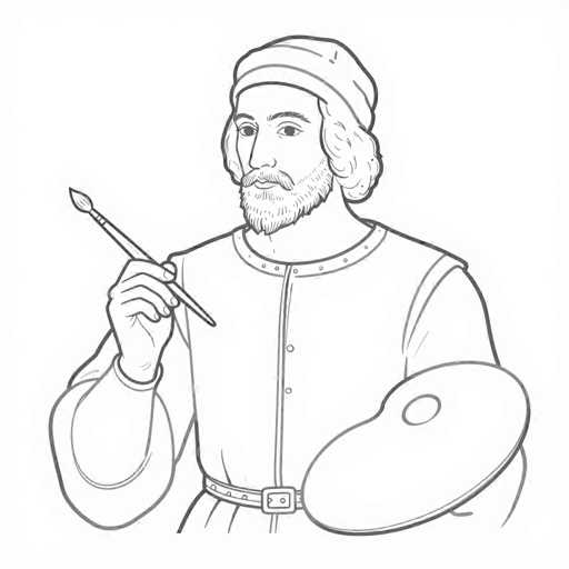 This black and white line drawing depicts a medieval or Renaissance-era painter, possibly reminiscent of figures like Leonardo da Vinci. The man, who has a full beard and mustache, is wearing a distinctive outfit that includes a long-sleeved tunic with a buttoned front and a belt at the waist. He is also adorned with a hat that resembles a beret. In his right hand, he holds a paintbrush, while his left hand grasps a painter's palette. The detailed illustration captures the essence of a historical artist, poised and ready to create.