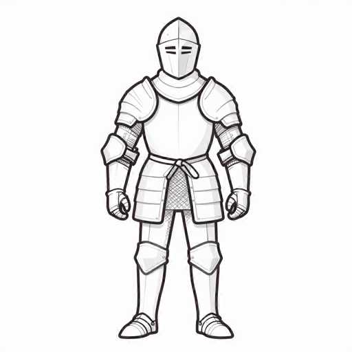 The image depicts a detailed black and white drawing of a medieval knight in full armor, standing against a white background. The knight's armor is meticulously illustrated, with a helmet that features narrow eye slits and a pointed top. The chest plate is prominently displayed, with the arms extending outwards, clad in metal armor that includes elbow pads and gloves. The knight's waist is cinched with a belt, and the skirt-like armor extends down to the knees, where additional metal plates protect the shins. The feet are encased in armored shoes. The overall appearance suggests a blend of historical accuracy and a somewhat cartoonish style, reminiscent of a character from a video game or a children's book.