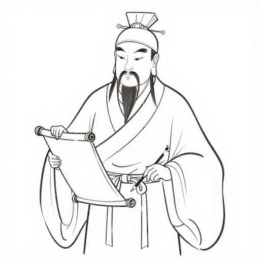 The image is a detailed black and white drawing of an Asian man, likely a Chinese calligrapher or scholar from ancient times. He is depicted wearing a traditional robe with a sash around his waist and a distinctive hat adorned with a square piece on top and two rods extending from either side. The man has a long, pointed beard that extends down to his chest and a mustache that curls at the ends. His facial features include thick, arched eyebrows and slanted eyes, giving him a focused expression as he looks down at his work. In his right hand, he holds an unrolled scroll, while his left hand grasps a pen, poised to write. The scroll appears to have some writing on it, and the man seems to be in the process of adding more characters. The background is plain white, emphasizing the intricate details of his attire and the calligraphic activity.