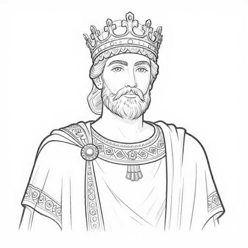 This black and white illustration depicts a regal figure, possibly a king or a religious leader, set against a stark white background. The man, who appears to be of European descent, has long hair that is tied back in a ponytail and a full beard and mustache. He wears an ornate crown adorned with intricate designs, including a central floral motif and a series of smaller floral patterns along the band. His attire consists of a tunic with a wide, detailed collar featuring a central brooch or button, and the fabric is decorated with swirling patterns and rectangular designs. A cape or cloak drapes over his shoulders, adding to his majestic appearance. The overall style of the drawing is reminiscent of a coloring book, with its bold black outlines and intricate detailing.
