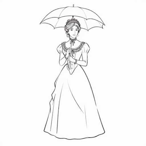This black and white line drawing depicts a woman in Victorian-era attire, standing against a plain white background. She is dressed in a long, flowing gown with puffy sleeves and intricate lace detailing around the neckline and chest. The dress features a high collar adorned with a bow tie at the front. Her hair is styled in an elegant updo, and she wears a tiara or crown on her head. The woman holds a closed umbrella with both hands, the handle positioned near her chest. She gazes directly at the viewer with a neutral expression. The drawing is rendered in a simple, unshaded style, emphasizing the detailed clothing and accessories.