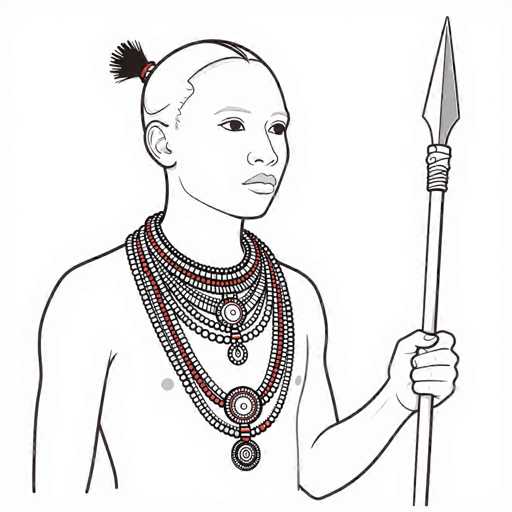 This detailed black-and-white illustration depicts a young Native American boy, likely around 10 to 12 years old, standing against a white background. The boy is shirtless, showcasing an array of intricate necklaces around his neck. These necklaces are adorned with various beads, including black and white beads, as well as red beads arranged in circular patterns. Some of the necklaces feature larger circular designs, adding to the ornate appearance. The boy's hair is pulled back into a ponytail, secured with a red band, and a small tuft of hair sticks out at the back. He holds a spear in his left hand, which is wrapped with a material near the top. The spear itself is predominantly white with a gray tip. The boy's facial features include dark eyes, full lips, and a slight frown, giving him a solemn expression.