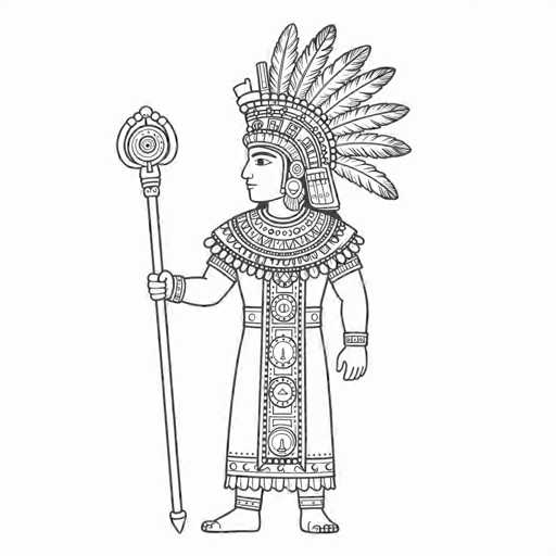 This black and white line drawing depicts an ancient Egyptian pharaoh, standing barefoot and facing left. The pharaoh is adorned in a long, intricately patterned robe that extends to his ankles, featuring detailed designs and a belt around the waist. His elaborate headdress, resembling a crown, is decorated with feathers and possibly a snake motif. Large, ornate earrings dangle from his ears, and a substantial collar with circular patterns encircles his neck. In his right hand, he holds a staff or scepter, which is topped with a circular emblem and an arrow-like point at the bottom. The pharaoh's facial features are simple yet distinct, with a prominent nose and a straight line for a mouth. The drawing is devoid of any background, focusing solely on the detailed and symbolic attire of the pharaoh.