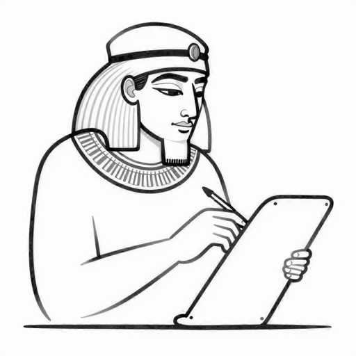 This black and white line drawing depicts an Egyptian scribe, possibly a pharaoh, seated at a table. The scribe is shown in profile, facing to the right, with a focused expression as he writes on a rectangular tablet held in his left hand. His right hand holds a stylus or pen. The figure is adorned with traditional Egyptian attire, including a distinctive collar around his neck and a headpiece featuring a circular medallion. His hair is styled in a long, square-shaped fashion that extends down his neck. The scribe has a small beard and mustache, and his facial features include thick eyebrows and a long nose. The drawing is minimalist, using only black lines on a white background to convey the scene.