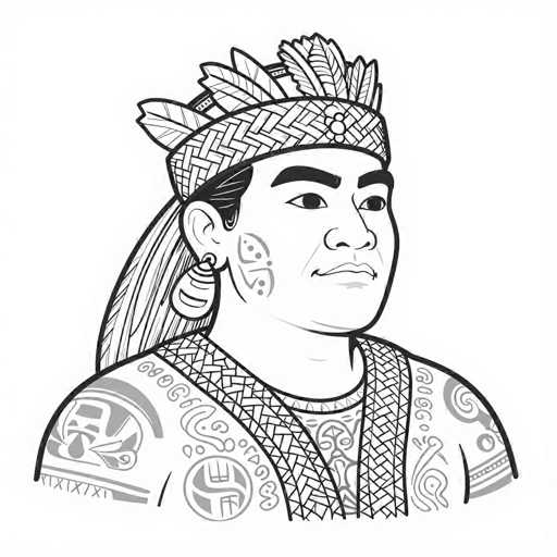 The image depicts a detailed black and white drawing of a man, possibly of Native American or Polynesian descent, set against a white background. The man is shown from the chest up, with his head turned slightly to the right. He has a round face with thick, dark eyebrows and dark eyes. His hair is pulled back into a ponytail that drapes over his right shoulder. He wears a woven headband adorned with feathers and three white beads. His attire includes a shirt with intricate, tribal-like patterns and designs, including swirls and lines. Notably, he has a large earring and a tattoo or face paint on his right cheek. The overall style of the drawing resembles that of a coloring book, with its bold black outlines and white interior.