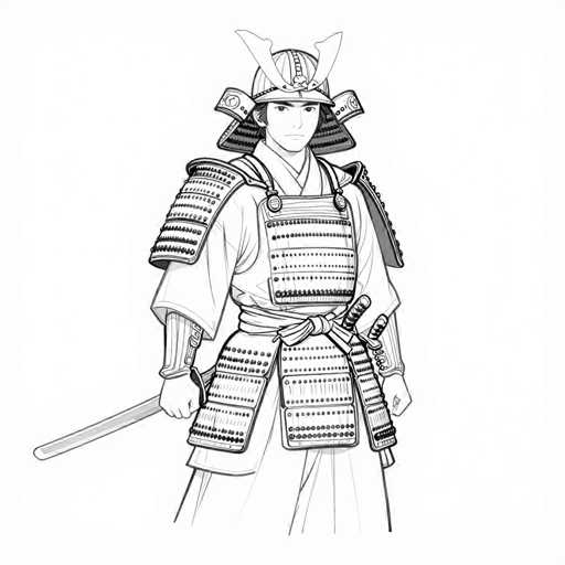 A detailed line drawing of a samurai warrior in traditional armor, standing in a dynamic pose. The drawing is monochromatic and features intricate details of the armor's plates, helmet, and weaponry. The samurai is holding a katana in his right hand and has a second sword sheathed on his left hip. His expression is serious, with a focused gaze directed forward. The background is plain white, allowing the focus to remain on the warrior and his attire.