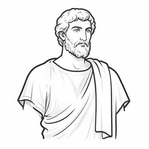 The image depicts a detailed black and white line drawing of a man, possibly representing Jesus or a figure from ancient times. The man has curly hair that extends to his ears and a full beard, including a mustache. He is dressed in a white tunic with short sleeves, and a cloth is draped over his left shoulder, suggesting a toga-like garment. The drawing is set against a plain white background, emphasizing the intricate details of his facial features and attire. The man's gaze is directed slightly to the right, and his expression is neutral, with no visible emotion. The overall style of the drawing is reminiscent of a coloring book page, with its bold black outlines and minimal shading.