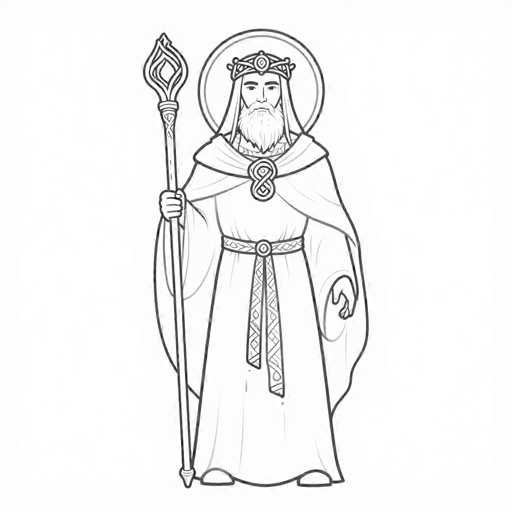 The image depicts a detailed black and white drawing of a regal figure, possibly a king or a religious leader, standing against a white background. The man is adorned in a long, flowing robe that extends to his feet, with a cape draped over his shoulders. His attire is accentuated by a belt featuring a prominent buckle and a circular emblem. The figure has a long, white beard and wears a crown with a circular medallion at its center. A halo-like circle surrounds his head, adding to his divine or royal appearance. In his right hand, he holds a staff or scepter, which is intricately designed with a diamond shape at the top. The overall composition suggests a figure of authority and reverence, possibly from a historical or religious context.