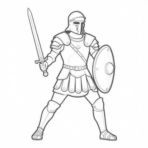 The image depicts a detailed black and white drawing of a medieval knight, reminiscent of those from the Crusades. The knight is fully armored, with a helmet that features a narrow slit for the eyes and a long nose guard, leaving the mouth exposed. The helmet is adorned with rivets and a strap that runs from the back to the front. The knight's armor includes shoulder plates, a breastplate, and a skirt-like piece with a belt that has rivets. He is equipped with knee pads and shin guards, and wears sandals on his feet. In his right hand, he holds a sword pointed upwards, while his left hand grips a round shield. The knight stands in a wide-legged stance, with his feet pointing outward, giving him a ready and alert appearance. The entire drawing is set against a plain white background, emphasizing the intricate details of the knight's armor and weaponry.