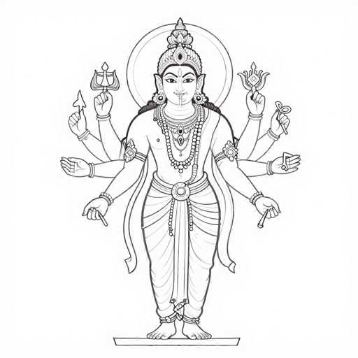 This black and white line drawing depicts a Hindu deity, likely representing the goddess Lakshmi, standing on a rectangular pedestal. The deity has eight arms, each holding different symbolic objects: a conch shell, a lotus flower, a trident, a discus, a pair of scissors, a mace, a book, and a pen. She is adorned with elaborate jewelry, including a large crown with a jewel in the center, multiple necklaces, bracelets, and armlets. Her attire consists of a sari with a prominent belt featuring a circular buckle, and she is barefoot with anklets. The deity has long, flowing hair and a round halo behind her head, emphasizing her divine nature. The drawing is detailed and intricate, capturing the essence of Hindu iconography.