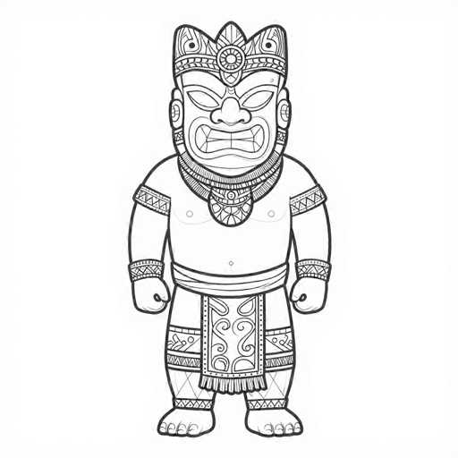 This black and white line drawing depicts a figure reminiscent of a Polynesian or Hawaiian god, possibly a tiki statue. The figure is adorned with an elaborate headdress featuring a central medallion and intricate designs, including a crown-like structure with three points. The face is characterized by large, almond-shaped eyes, a prominent nose, and a grimacing mouth with visible teeth. The figure's broad shoulders taper down to short arms, each ending in clenched fists. Around the neck, the figure wears a substantial necklace with a large pendant. The torso is bare, with detailed patterns around the biceps, wrists, and waist. The figure's legs are barefoot, with a skirt-like garment hanging down to the knees, decorated with various designs. The overall appearance is that of a powerful, mythical being, rendered in a detailed and stylized manner.