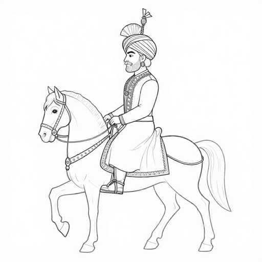 This black and white line drawing depicts a man riding a horse, facing left. The man, who appears to be of Middle Eastern or South Asian descent, is adorned in traditional attire. He wears a turban with a tassel and a feather, a long-sleeved tunic with intricate embroidery, and loose-fitting pants. His footwear consists of sandals with straps around the ankles. The man has a full beard and mustache, and his right hand grips the reins while his left hand rests on his lap. The horse, also facing left, has a bridle and a saddle with similar decorative patterns as the man's clothing. The horse's front legs are raised, suggesting movement, and its tail is visible. The background is plain white, emphasizing the detailed line work of the drawing.