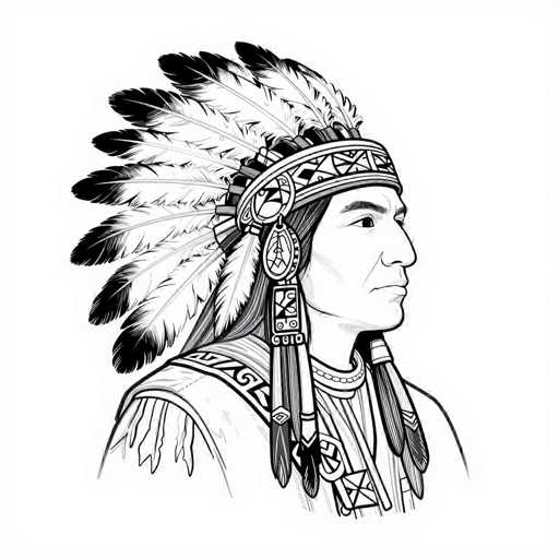This detailed black and white illustration depicts a Native American man in profile, facing to the right. He has long, dark hair that cascades down his back and is adorned with an elaborate feathered headdress. The headdress features a band around his forehead, from which numerous feathers extend, some of which are intricately braided. The feathers are predominantly white with black tips, and some are adorned with beads. The man's facial features include a prominent nose, and he wears a shirt with a distinctive collar. A sash or strap is visible over his shoulder, adding to the traditional attire. The background is stark white, emphasizing the intricate details of his headdress and clothing.