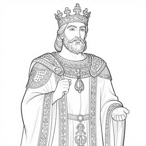 This black and white line drawing depicts a regal figure, likely a king or a religious leader, adorned in elaborate attire. The character wears a crown embellished with six crosses and various jewels, including a prominent cross at the front. His long hair is tied back, and he sports a full beard and mustache. The figure is dressed in a long, flowing robe with intricate patterns, including diamond shapes and swirls, particularly around the shoulders and chest. A large medallion hangs from his neck, and a belt with a circular buckle cinches his waist. His right hand is clenched in a fist, while his left hand is extended outward, palm up. The detailed linework and shading give the image a rich, textured appearance, reminiscent of a coloring book page.