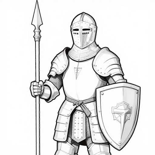 This black and white illustration depicts a medieval knight in full armor, standing against a stark white background. The knight is clad in a suit of armor that includes a helmet with narrow eye slits and a nose guard, leaving no part of his face exposed. His armor features intricate details, including rivets and a triangular emblem on his chest plate. The knight's attire is further enhanced by a belt around his waist, which secures a triangular shield adorned with a similar emblem. In his right hand, he wields a long spear, while his left hand holds the shield. The knight's chainmail is visible beneath his armor, adding to the historical authenticity of the image. The overall composition is simple yet detailed, emphasizing the knight's formidable presence.