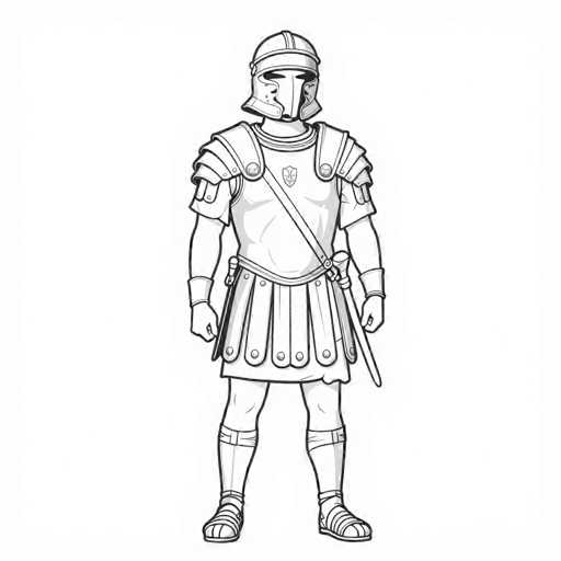 This black and white illustration depicts a medieval knight standing against a white background. The knight is adorned in a full suit of armor, featuring a helmet with a distinctive nose guard and eye slits. His attire includes a breastplate, shoulder plates, and a skirt-like garment with pleats, resembling a Roman soldier's attire. A sword is strapped diagonally across his chest, with the hilt positioned on his left hip and the blade extending down to his right side. The knight's hands are clenched into fists, and he wears sandals on his feet. The overall style of the drawing is reminiscent of a coloring book, with clear, defined lines and minimal shading.