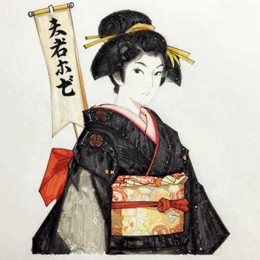 The image depicts a detailed drawing of a Japanese woman, possibly a geisha, set against a light gray background. She is adorned in a traditional black kimono with intricate red and black floral patterns, and a pink obi sash tied around her waist. The obi features a vibrant floral design in shades of yellow, red, and orange, secured with a red sash. Her black hair is elegantly styled in a bun, accentuated by a yellow ribbon. The woman's face is pale, with dark eyes and eyebrows, and she gazes slightly to the right. Behind her, a white banner with black Japanese characters is attached to a wooden pole, which is tied to her back with a red ribbon. The banner appears to be suspended by a red sash, adding to the traditional aesthetic of the scene.