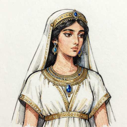 This detailed illustration depicts a woman of likely Indian or Middle Eastern descent, adorned in traditional attire. She wears a white dress embellished with intricate gold and blue beading, featuring a V-neckline and short sleeves. Her ensemble is accentuated by a gold belt with blue and gold stones. The woman's head is covered by a white veil, which is secured with a golden headband adorned with blue and gold jewels. She has long, dark hair and wears large, dangling blue earrings. Her expression is one of contemplation as she gazes off to the side. The background is a light gray, highlighting the detailed and colorful elements of her attire.