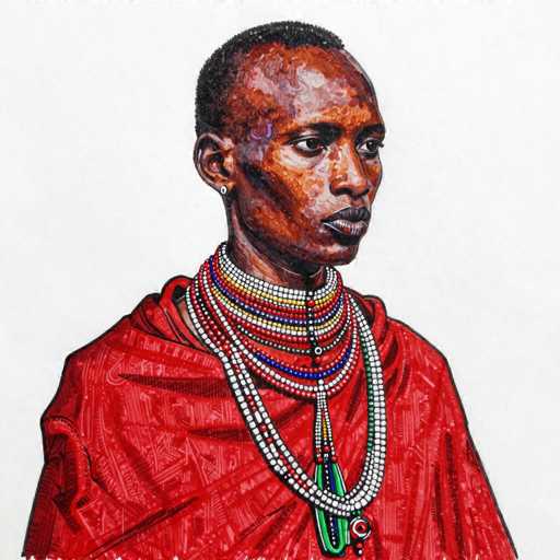 This image features a detailed painting of an African man, possibly from the Congo, set against a white background. The man is depicted with short black hair and a dark complexion, his face turned slightly to the right. He wears a striking red robe adorned with intricate white and black patterns. Around his neck, he sports multiple beaded necklaces, predominantly white, with accents of red, yellow, blue, and green. The necklaces are elaborate, with some featuring beads that dangle down to his chest. A notable earring is visible in his right ear. The overall composition highlights the man's dignified and regal appearance, with the vibrant colors of his attire and jewelry contrasting against the plain white backdrop.