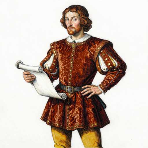 This image depicts a detailed painting of a man from the 1500s or 1600s, set against a white background. The man, who has curly brown hair and a brown beard, is dressed in a richly adorned red velvet tunic. The tunic features a diamond pattern and is fastened with gold buttons down the front. It has a white collar and puffy sleeves that are trimmed with gold. The man's attire includes a black belt with a gold buckle, and beneath the tunic, he wears yellow pants. He holds a rolled-up piece of paper in his right hand, which is positioned near his waist, while his left hand rests on his hip. A white bracelet adorns his left wrist. The man's gaze is directed to the right, adding a sense of contemplation or focus to his expression.