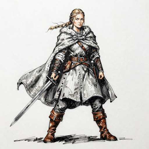 The image depicts a detailed drawing of a fierce-looking woman, possibly a warrior or princess, set against a white background. She has long blonde hair styled in a braid that drapes over her right shoulder. Her attire includes a long white tunic with a fur-trimmed hood, which is fastened with two large silver buttons at the neck. Over the tunic, she wears a white cape adorned with fur around the hood. Her outfit is cinched at the waist with a brown belt, and she has another brown belt crossing diagonally from her left shoulder to her right hip. She is equipped with a sword in her right hand, its tip pointing downward, and a knife on her left side. She wears gray pants tucked into tall brown boots that feature buckles and straps. The woman's expression is stern, with a frown and intense eyes, as she gazes directly at the viewer. The drawing is signed at the bottom, though the signature is not legible.