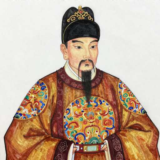 A portrait of a historical figure in traditional Chinese attire, rendered in a watercolor-style painting. The subject is depicted from the chest up, wearing an elaborate robe with intricate patterns and vibrant colors. The robe features a high collar, wide sleeves, and decorative details on the shoulders and chest. A black hat with ornate gold embellishments sits atop the head, and a long, stylized beard frames the face. The figure's expression is serene and dignified, with eyes looking slightly downward. The background is plain white, allowing the focus to remain on the detailed portrait of the individual.
