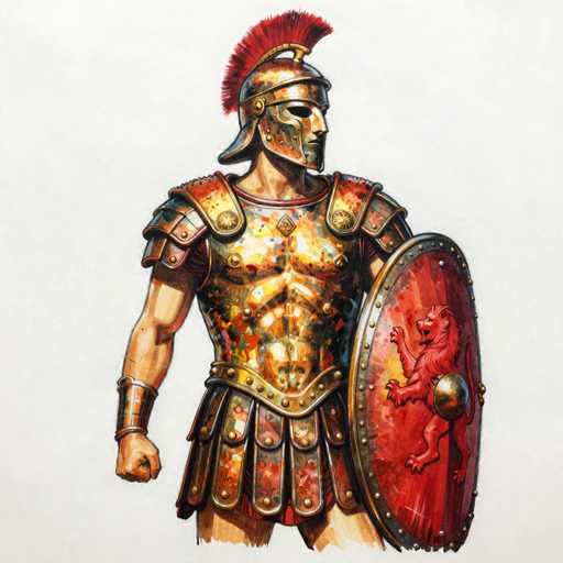 This detailed illustration depicts a Roman soldier standing against a white background. The soldier is adorned in a full suit of armor, predominantly gold with intricate red and yellow accents. His helmet, which covers his head and face, features a striking red mohawk-like crest. The soldier's torso is protected by a chest plate, and his arms are bare, revealing his muscular build. His right arm is encased in a metal wrist guard, and his clenched fist is visible. The soldier's attire includes a skirt-like armor piece, also gold with red and yellow details, that extends to his thighs. In his left hand, he holds a large, round shield with a gold rim and a red center, featuring a gold circle in the middle. The shield is decorated with a fierce lion standing on its hind legs, its tail raised and mouth open. The soldier's gaze is directed to the right, adding a sense of vigilance to the scene.