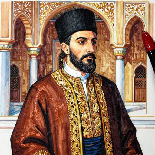 This detailed painting depicts a man, possibly of Middle Eastern or Russian descent, standing in front of an ornate building with arches and columns. He is adorned in a dark red robe embellished with intricate gold designs and a blue sash around his waist. His attire includes a white shirt with a high collar, and he wears a distinctive black, tall, cylindrical hat that resembles a fez. The man has a full beard and mustache, and his expression is serious as he gazes to the right. A red pen with a black tip is visible on the right side of the image, adding a modern touch to the otherwise historical scene. The background features a building with white and gold columns, enhancing the painting's rich and detailed aesthetic.