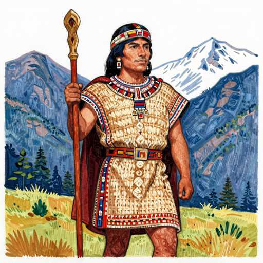 This detailed illustration depicts a Native American man standing in a grassy field with mountains in the background. The man, who has long black hair, is adorned with a headband featuring a red stripe and a central blue stripe. He wears a tunic-like garment that extends to his knees, decorated with intricate patterns in red, white, and blue. A matching belt cinches his waist, and a cape drapes over his shoulders. In his right hand, he holds a staff with a gold top, while his left arm hangs by his side. The background showcases a serene landscape with a blue sky, snow-capped mountains, and a mix of green and brown grass. The overall scene is rendered in a cartoonish style, emphasizing the vibrant colors and cultural attire of the Native American figure.
