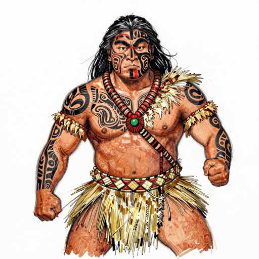 This detailed illustration depicts a powerful, muscular man with distinct Polynesian or Samoan features. He stands shirtless, showcasing intricate black tattoos that adorn his arms, chest, and shoulders. His face is painted with elaborate designs, including black lines and red accents, particularly around his eyes and mouth, enhancing his fierce expression. His long black hair flows down his back, complementing his broad shoulders and thick neck. Around his neck, he wears a striking red and black beaded necklace with a prominent green gem at its center. His attire includes a grass skirt, secured by a red and white belt with yellow diamond patterns. Additionally, he has a feathered shoulder piece on his left shoulder, adding to his imposing presence. The man's stance is commanding, with his fists clenched and legs spread apart, exuding strength and authority.