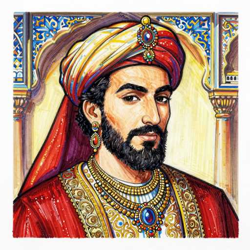 A portrait of a historical figure, likely a ruler or nobleman from the Mughal era in India, rendered in a detailed watercolor style. The subject is a man with a dark complexion and a full, dark beard and mustache, wearing an elaborate turban adorned with gold and jewel-like details. He is dressed in a rich red robe with intricate golden embroidery, complemented by a multi-layered gold and jewel necklace. The background features an ornate archway with blue and yellow patterns, suggesting a palace or royal setting. The overall style is reminiscent of traditional Indian miniature paintings, with a focus on detail and vibrant colors.