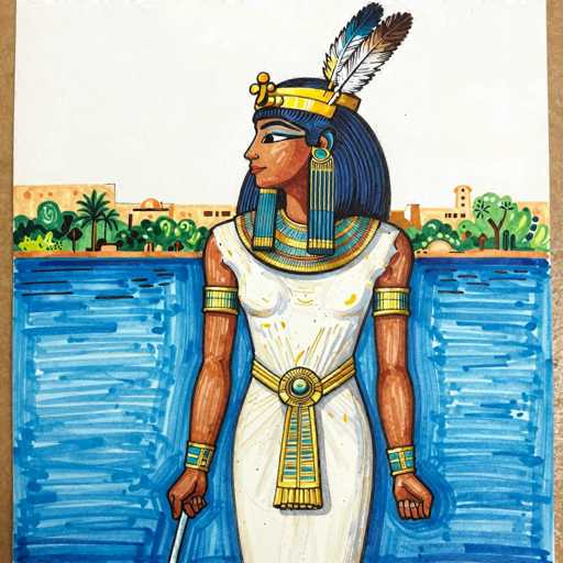 A detailed, vibrant illustration of Nefertiti, the Egyptian queen, standing in profile. She is depicted wearing a white, intricately detailed dress adorned with gold and blue accents, including a distinctive collar. Her head is crowned with a golden headdress featuring blue and white details and a prominent feather. She has long, dark blue hair styled in a traditional Egyptian fashion and is wearing large, ornate earrings. Her skin tone is rich and detailed, and her expression is serene. She holds a staff in her right hand. The background shows a stylized depiction of the Nile River with blue, horizontal brushstrokes suggesting water, and a distant cityscape with palm trees and buildings. The overall style is reminiscent of ancient Egyptian art, with bold lines and flat color blocks.