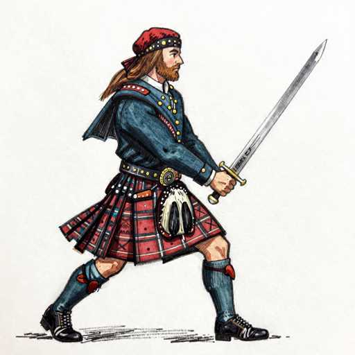 This detailed illustration depicts a man dressed in traditional Scottish attire, standing against a white background. He is wearing a red beret adorned with a black band and gold accents. His long brown hair cascades down, complementing his full beard and mustache. The man is clad in a blue jacket featuring a red collar with white buttons, and a white shirt underneath. His outfit includes a red, blue, and white plaid kilt, secured by a black belt with a gold buckle. A small pouch hangs from his belt, and he wears blue socks with red tassels at the top, paired with black lace-up boots. The man is holding a sword with a gold handle and a silver blade, which is pointed upwards. His stance is dynamic, with his left leg extended forward and his right leg positioned back, creating a shadow beneath him. The overall impression is that of a Scottish warrior, possibly from the 1700s or 1800s, ready for battle.